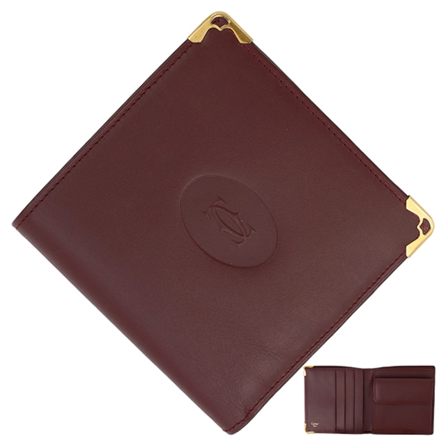 Used CARTIER カルティエ 2つ折り財布 マスト ドゥ カルティエ バーガンディ ボルドー ゴールド金具 カーフレザー 73184192 超美品