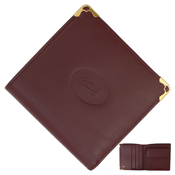 Used CARTIER カルティエ 2つ折り財布 マスト ドゥ カルティエ バーガンディ ボルドー ゴールド金具 カーフレザー 73184192 超美品