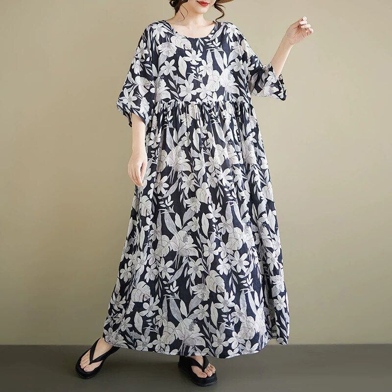 FLOWER PRINT BOAT NECK 3/4 SLEEVES A-LINE MAXI DRESS 1color M-16201