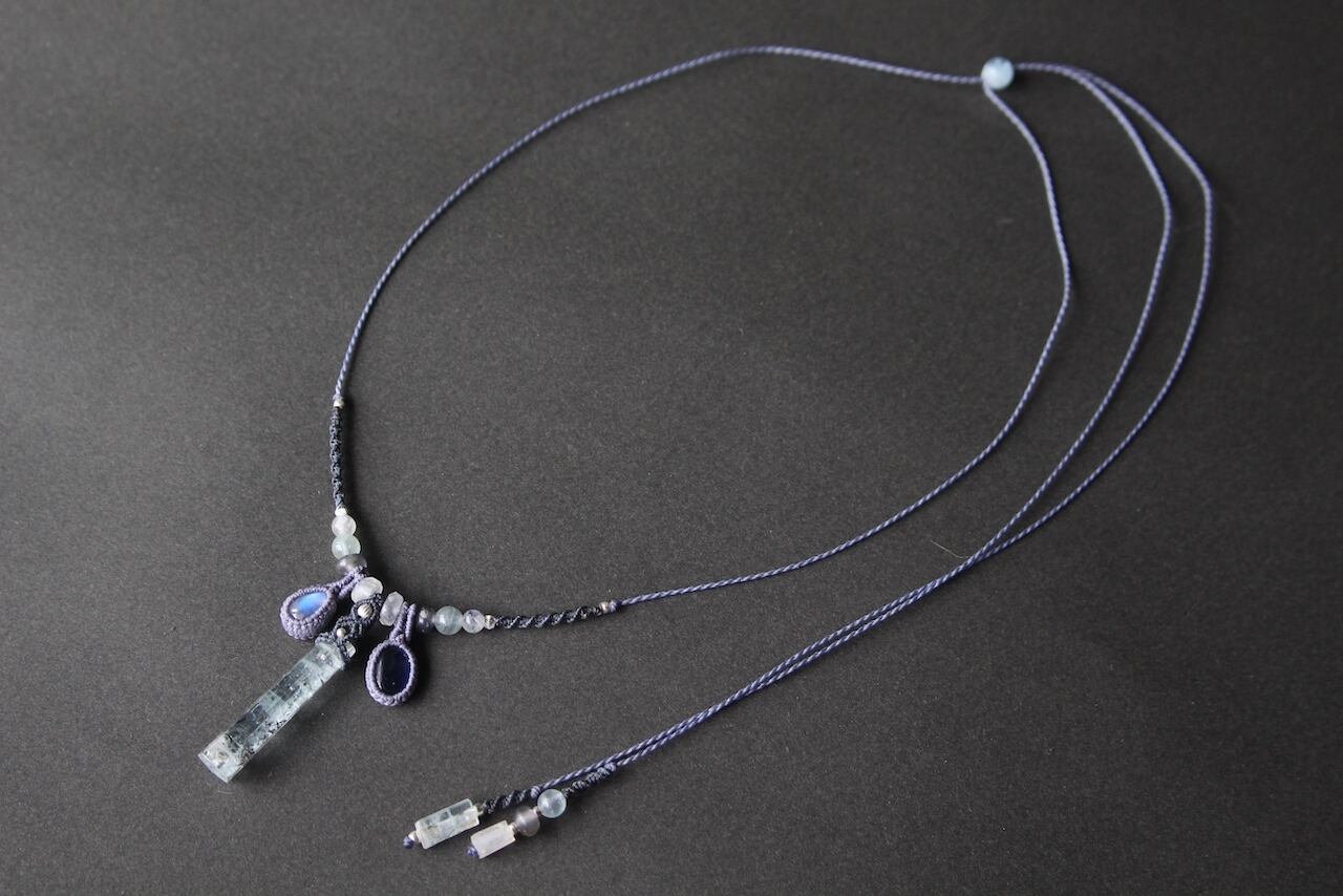 Aqua marine & Rainbow moonstone & Kyanite micro macrame necklace