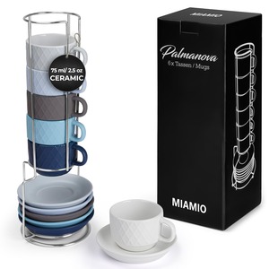 【新着特価】MIAMIO - ダイヤモンド柄の陶器製エスプレッソカップセット（75ml x 6個） - パルマノヴァコレクション (オーシャン・ブルー)