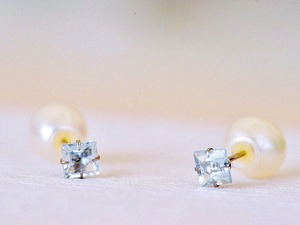 14KWG スクエアー アクアマリン 2way 淡水パール バックキャッチピアス 天然石