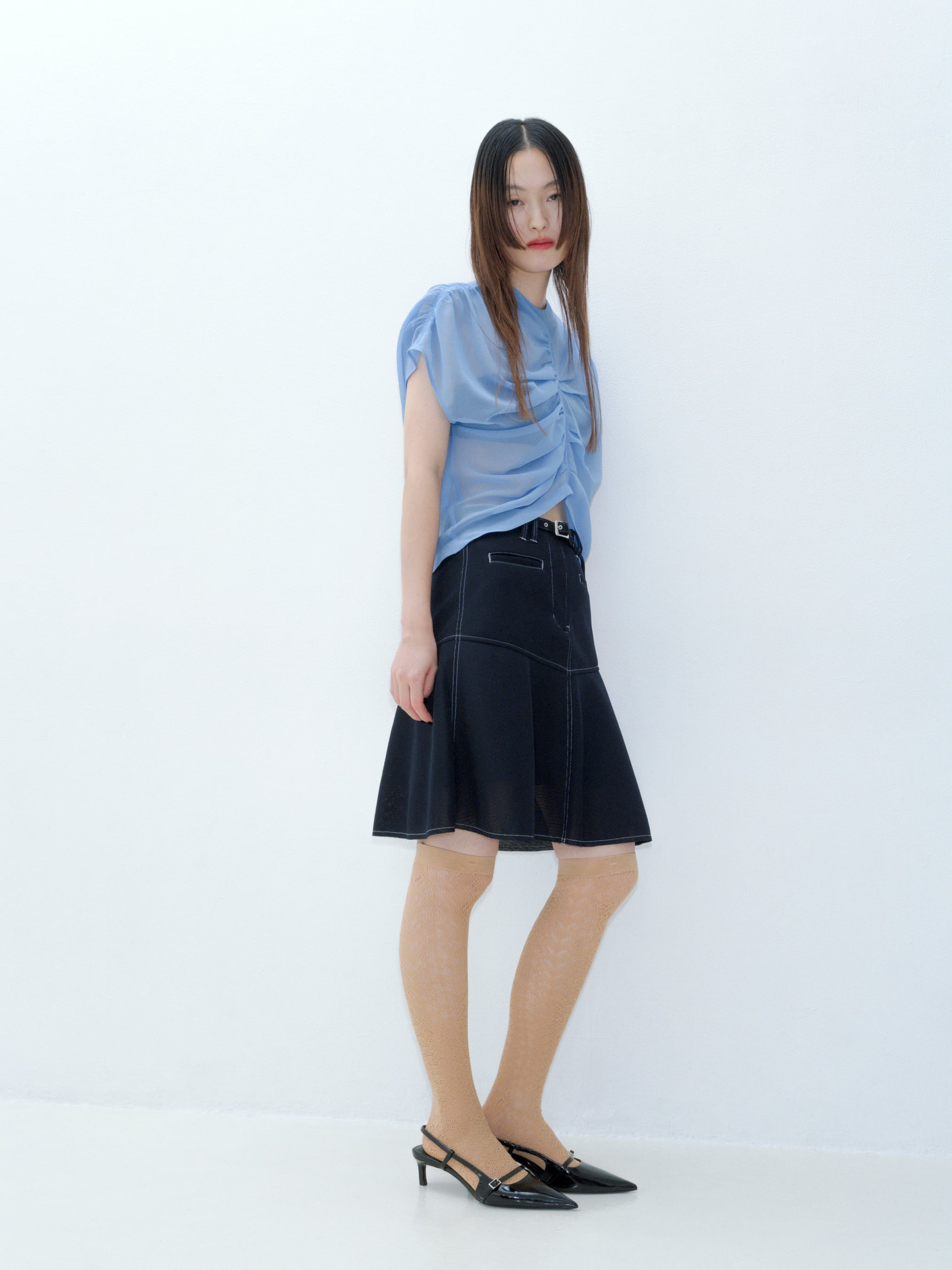RITSUKO KARITA Air Mesh Flare Skirt〔plain〕(Nocturne navy / Forest brown)