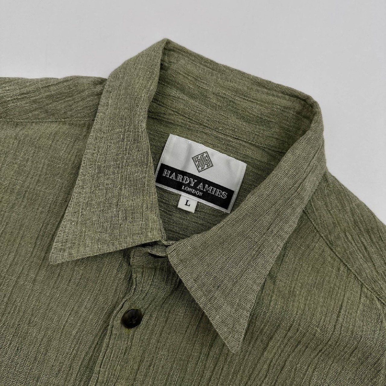 HARDY AMIES ハーディーエイミス 麻混 リネン混 ちぢみ風生地 半袖シャツ Lサイズ /メンズ/日本製/緑/グリーン系