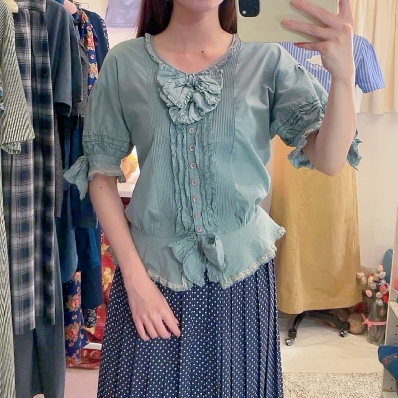 PINKHOUSE / bluegreen frill ribbon blouse