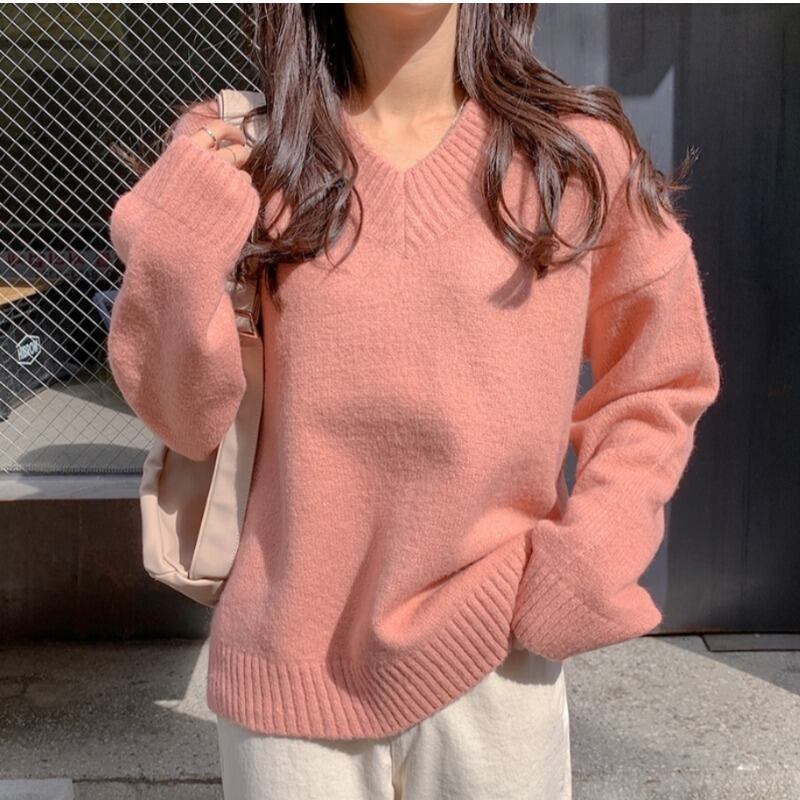 プルオーバー Vネックスタイルセーター オータムルーズトップス 秋物 ハンチェンe32609424629