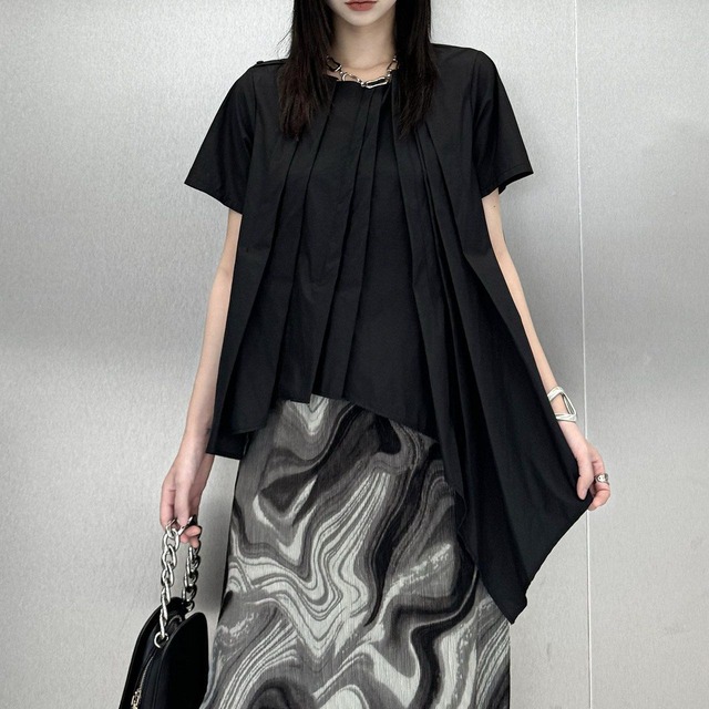 ASYMMETRIC PLEATED SHORT SLEEVE LOOSE TOP M-17738