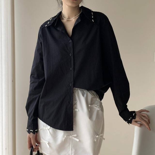 ビーズバタフライレースカラーシャツ♢全2色　13002