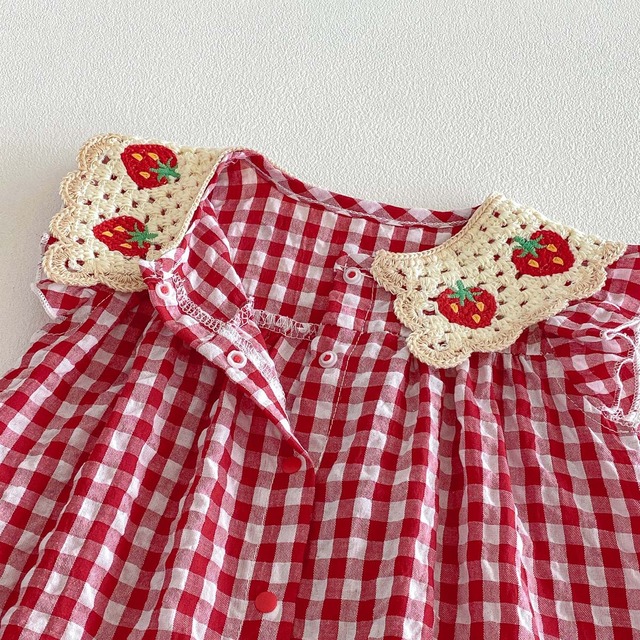 【BABY】ストロベリー刺繍チェック柄レース襟ロンパース - 9