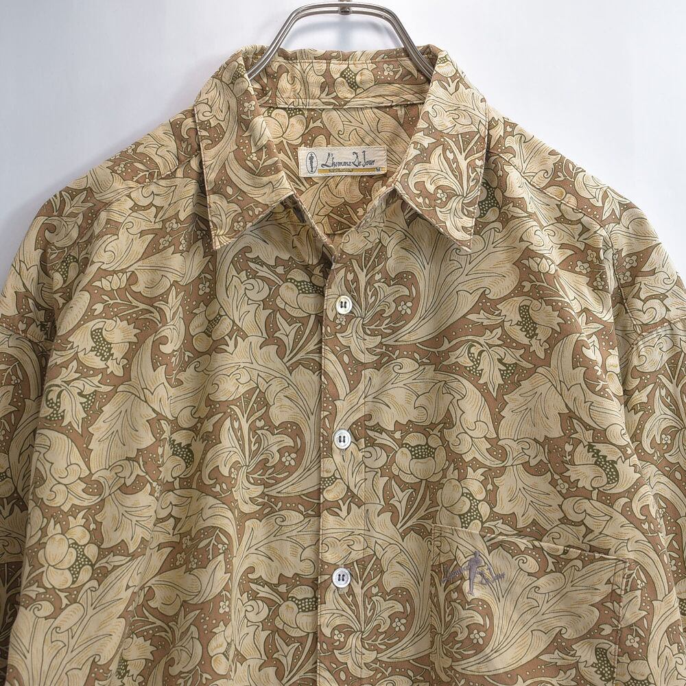 90~00s L'homme De Jour アンティーク調 ボタニカル柄 総柄シャツ ジャパンヴィンテージ 長袖 クラシック ブラウン ビンテージ 古着 メンズMサイズ