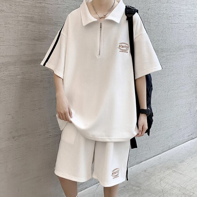 【予約販売】メンズ セットアップ スエット 無地 ライン ジップアップ 上下 ポロシャツ 半袖 ハーフパンツ ストリート ブラック/ホワイト 部屋着 韓国 ジム スポーツウエア カジュアル 春 夏 大きいサイズ M/L/XL/2XL