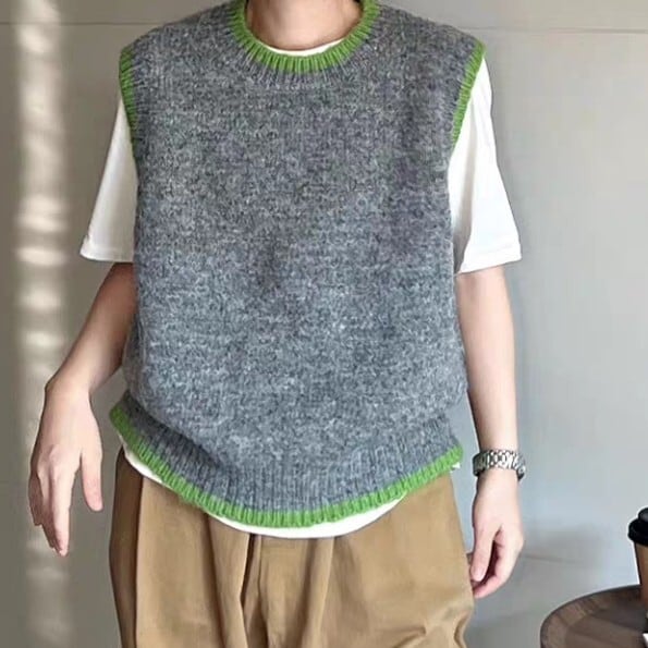 バイカラー クルーネック ニット ベスト L1159