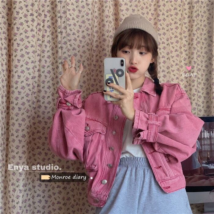 スタンダードスタイルジャケット スプリングルーズショートトップス ピンク レトロ 春物 モンロー38739254465