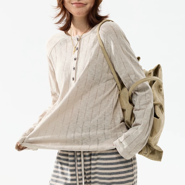 henry neck random-line long tee　ヘンリーネックランダムラインロングティー　J2157