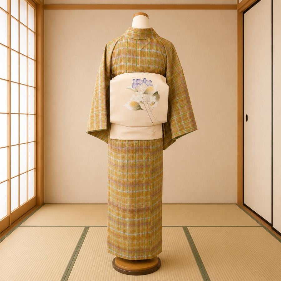 創業75年 札幌の呉服店厳選】正絹 紬袷（植物染め、しつけ付き）＋塩瀬