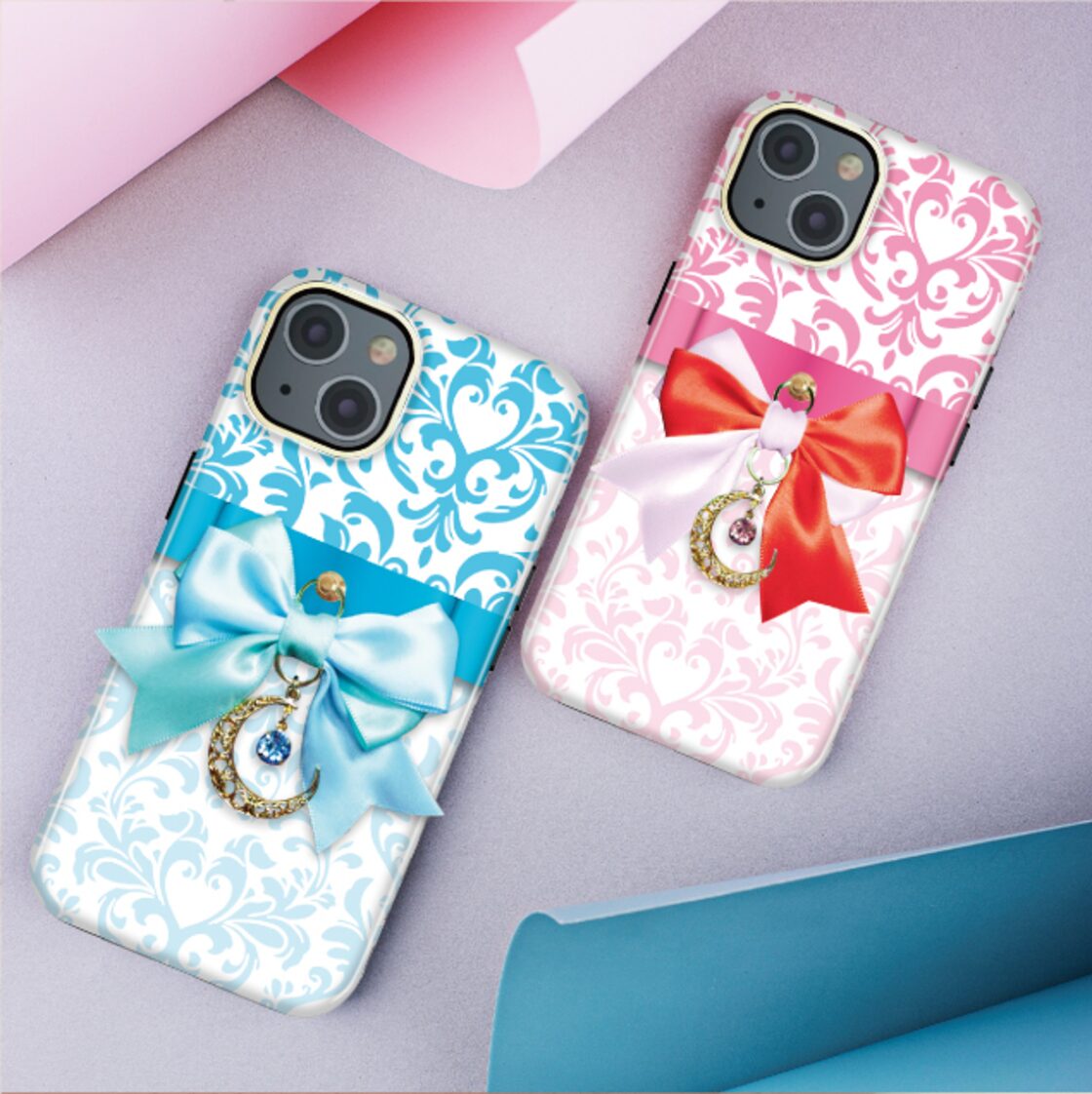 リボンスマホケース リボン スマホケース カバー ハードケース iPhone Android スマホ オシャレ ダマスク ブルー ミント かわいい  姫系 月 スワロフスキー チャーム | Pay ID