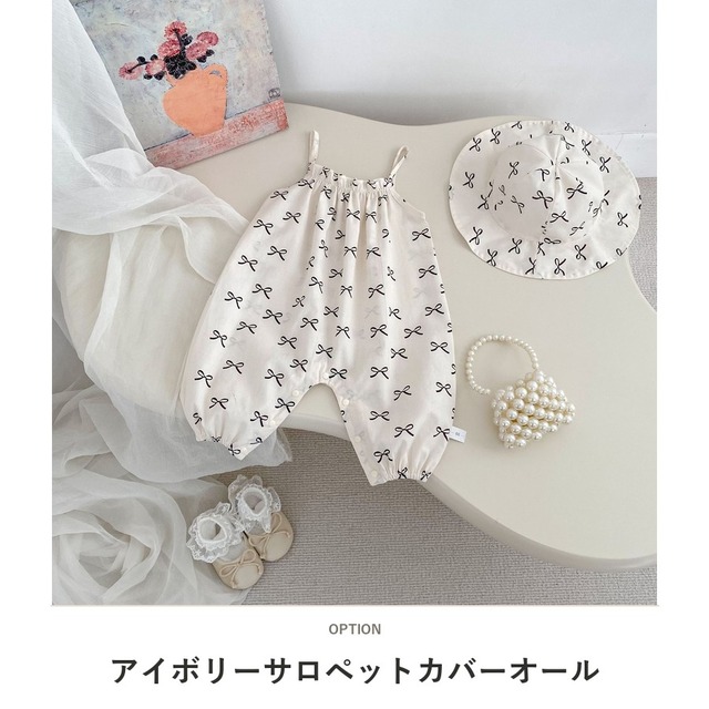【セット】リボン総柄キャミソールロンパース帽子セット - 2