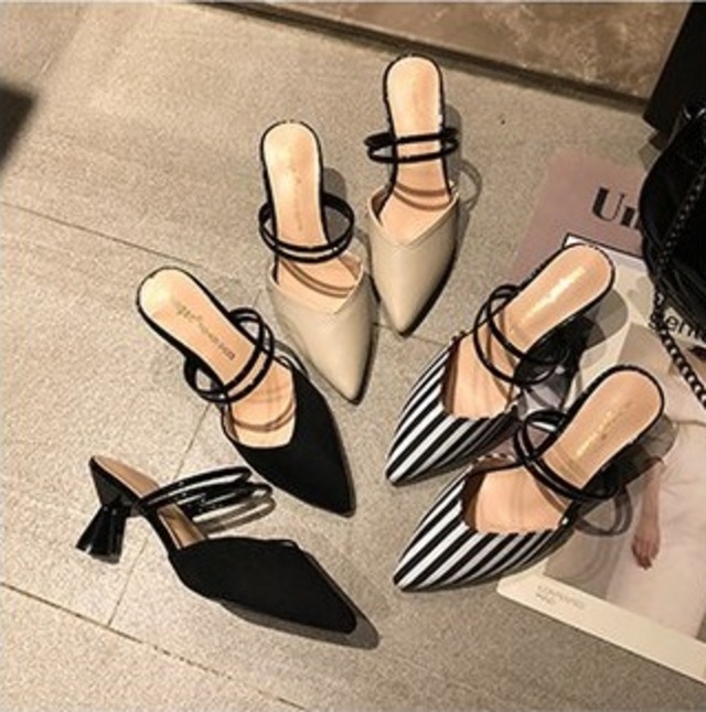 パンプス レディース シューズ ミュール パンプス 2way ストラップ ヒール おしゃれ きれいめ サンダル ポインテッドトゥ エレガント 7? ミドルヒール 個性的 かっこいい ミュール オシャレヒール OL 通勤 オフィス デート ワーママ ママ ブラック 黒 白 ホワイト ストライプ 春 夏 秋 冬 10代 20代 30代 40代 50代 きれいめ コーデ セレブカジュアル 韓国 ファッション トレンド db1080