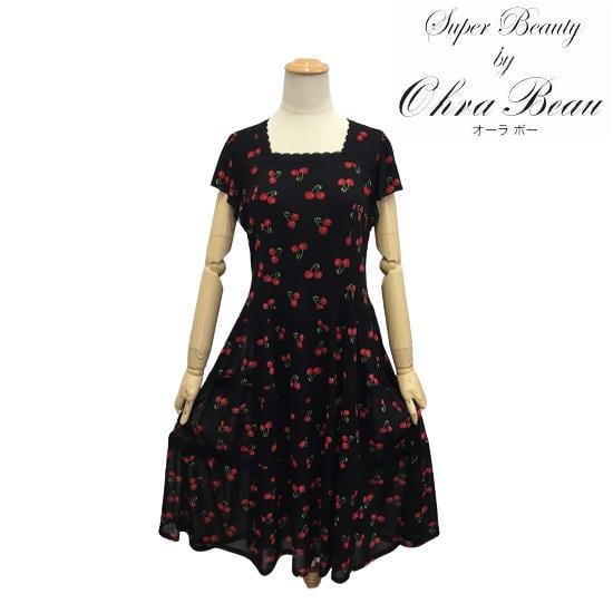 22年春夏入荷 スーパービューティー Super Beauty チェリー柄 パワーネット素材切替ロングワンピース ブラック Ll 44 大人かわいい服 Gold Smith