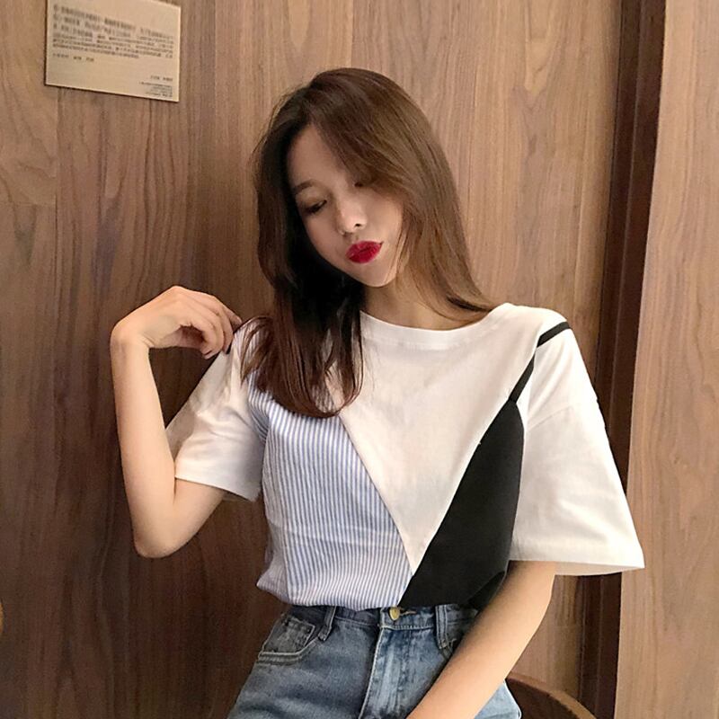 オータムトップス スタイルストライプシャツ ルーズホワイトTシャツ 秋物 ステッチ 試着室98767258374