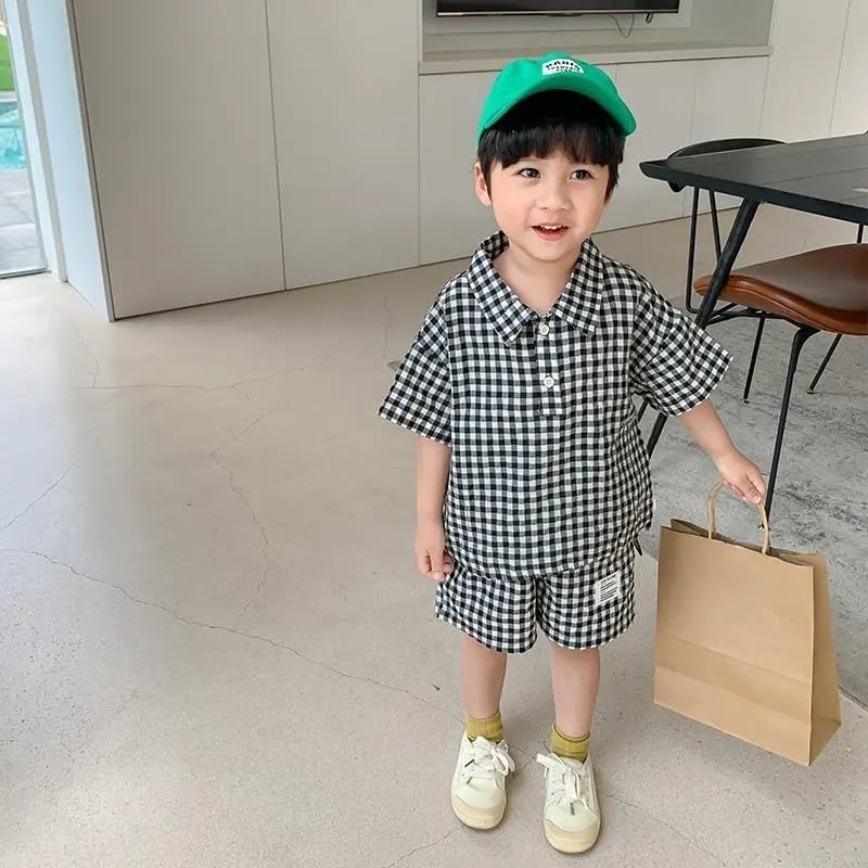 チェック柄半袖Tシャツ短パン3色セットアップ チェック柄半袖シャツタグロゴショートパンツセットアップ