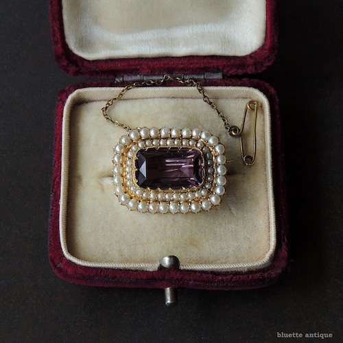 英国アンティークジュエリー 15ctゴールド 天然アメシスト 真珠 レクタングル レースピン ブローチ （ソーティングメモ付）