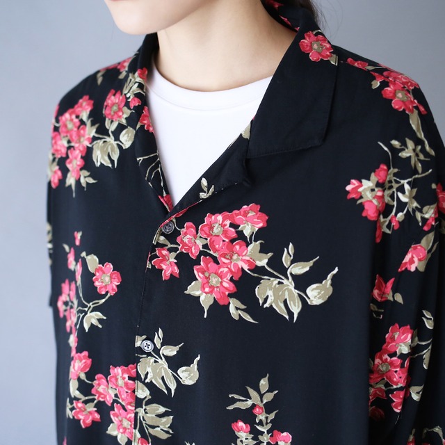 "花柄" black base pink rose flower pattern h/s shirt