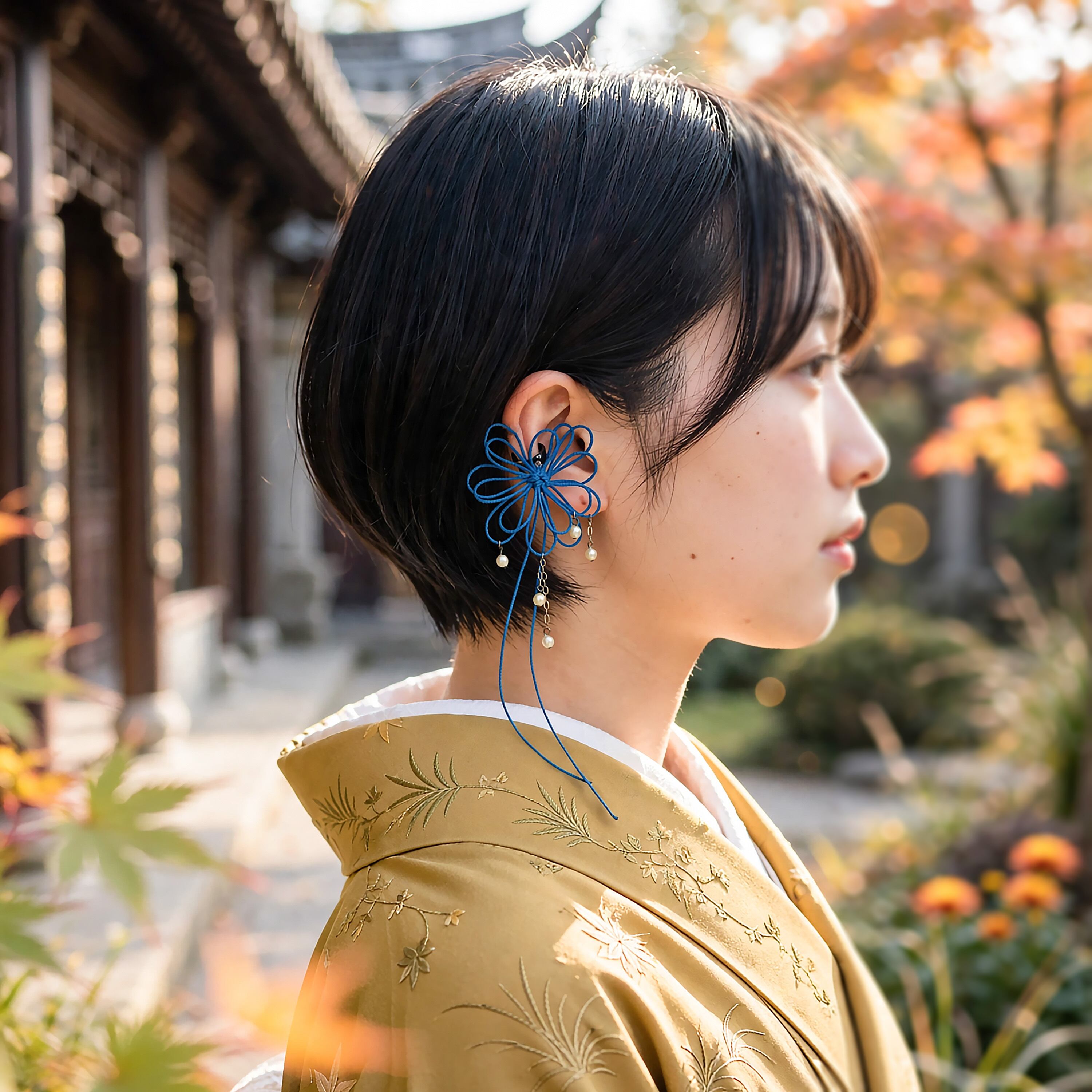 飾り結びかたっぽイヤーカフ「ヒタ降リ揺レル」【軽量】+グラスパールで浴衣・着物・洋服に。