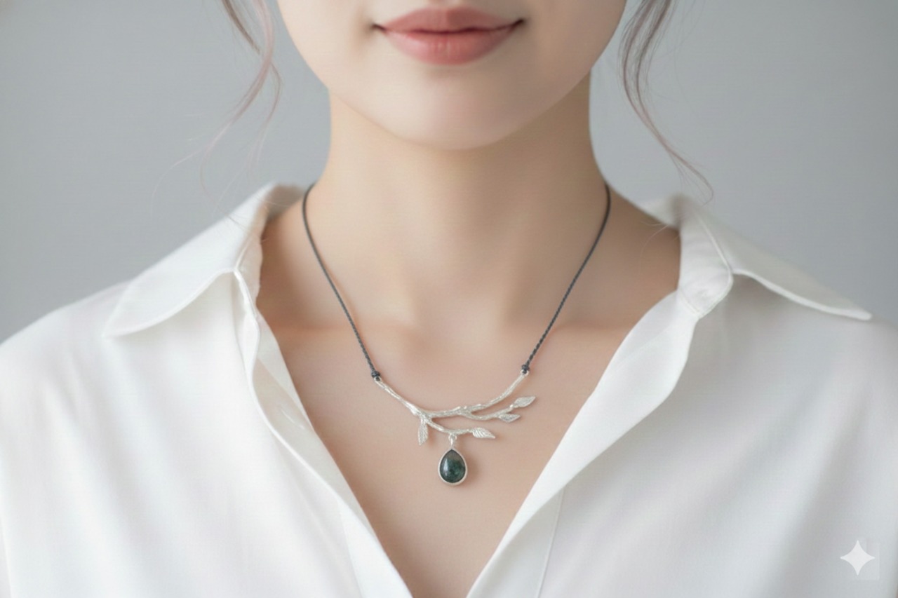 モスアゲートのボタニカルネックレス　マクラメコード