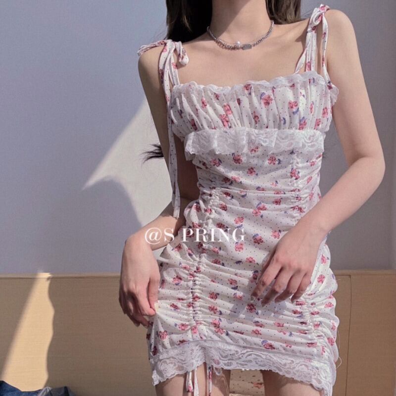 レースフローラルVネックドレス サマースタンダードショートスカート レトロ 夏物 花柄 ドラファッションホール39259446742