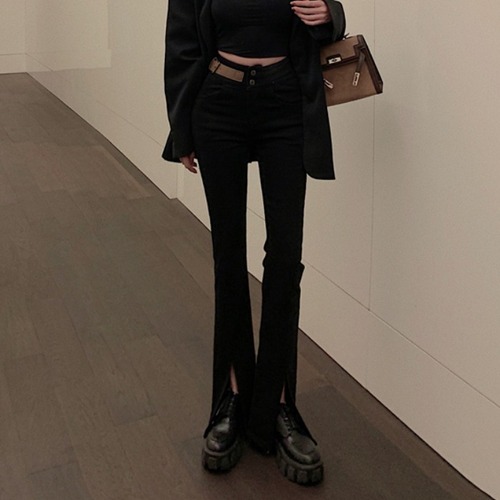 ジーンズ オータムウィンタースタンダードハイウェストウェストパンツ レッド レトロ 秋物 冬物 1号婦人78181405087
