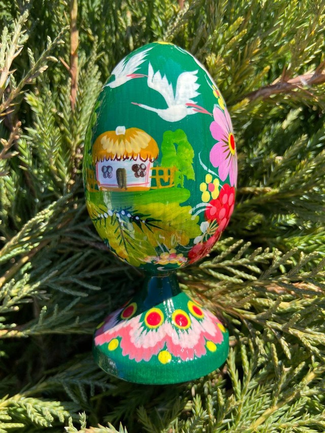 ペトリキウカ塗り　木製プィサンカ・スタンド一体型（イースター・エッグ）9cm（ホメンコ作）