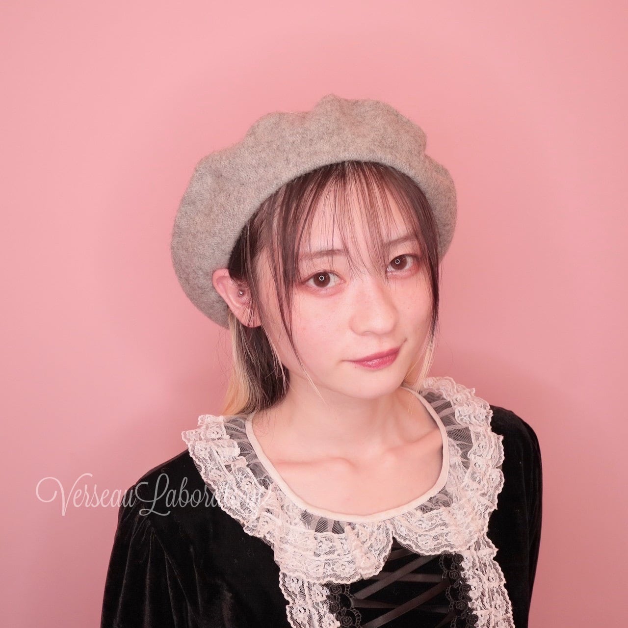 H43 【セール】 ベレー帽 グレー 大きなおりぼん グレンチェック