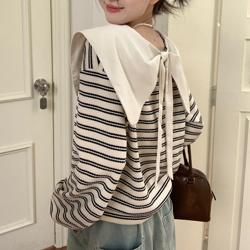 トップス レディース カットソー 長袖 ビックカラー Tシャツ ロンT リボン ボーダー かわいい 可愛い 大人可愛い きれいめ シンプル カジュアル おしゃれ お洒落 オシャレ ラブリー キュート 抜け感 ナチュラル 自然 M L XL 2XL 3XL 4XL ホワイト ブラック 縞 通勤 OL ママ 学生 デート 通学 お出かけ ショッピング 買い物 公園 女子会 休日 旅行 普段使い ファッション コーデ スタイル モテ インスタ映え トレンド 流行 韓国 送料無料 10代 20代 30代 40代