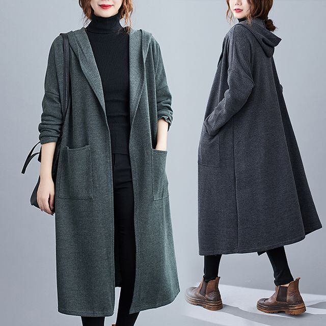 【予約販売】ノーカラーコート レディース ロング丈 フード付き ブラック グリーン グレー カジュアル 秋冬 アウター シンプル おしゃれ こなれ感 韓国