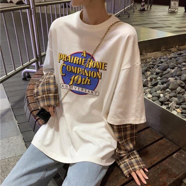 【送料無料】ロングTシャツ ロゴTシャツ トップス チェック 英字 レイヤード風 ビッグシルエット 長袖 レトロ カジュアル ガーリー お出かけ  デート 普段使い 着回し デイリー TP-154IU | Imagibune powered by BASE