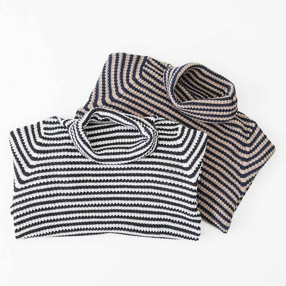 mao made コットンワッフル編みタートルネックプルオーバー(ボーダー)