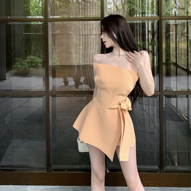 ワンピース セクシー かわいい チューブドレス ミニ丈 不規則 オレンジ  