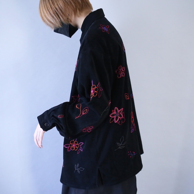 "刺繍×葉花" loose silhouette black fake suede shirt