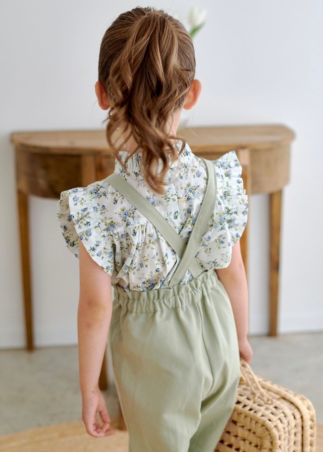 スタンドフリル襟トップス〈Blue flower〉