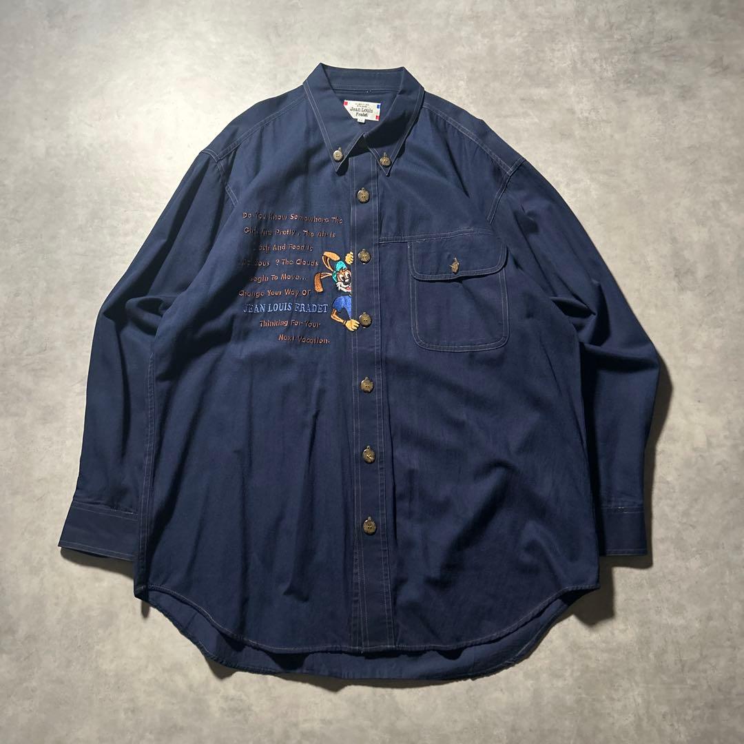 刺繍 アニマル ステッチ ネイビー デザイン レトロ 長袖 シャツ