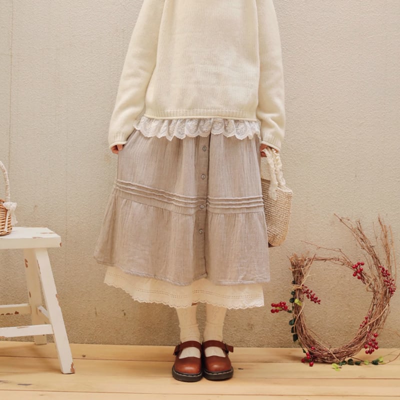 レイヤードレースボタンスカート W0040