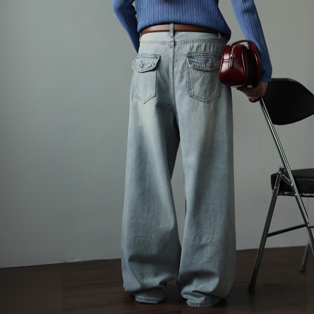 ウォッシュドバックフラップポケットワイドデニムパンツ　A01721