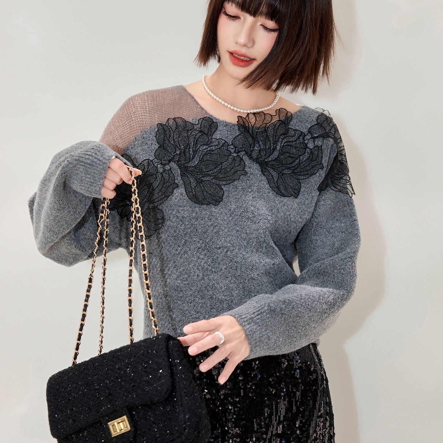 tops】レーストリミングニットプルオーバー N3315 | nanastyle