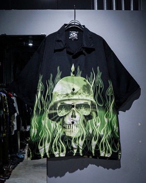 【add (C) vintage】Skull × Fire Pattern Vintage Loose Open Collar S/S Shirt