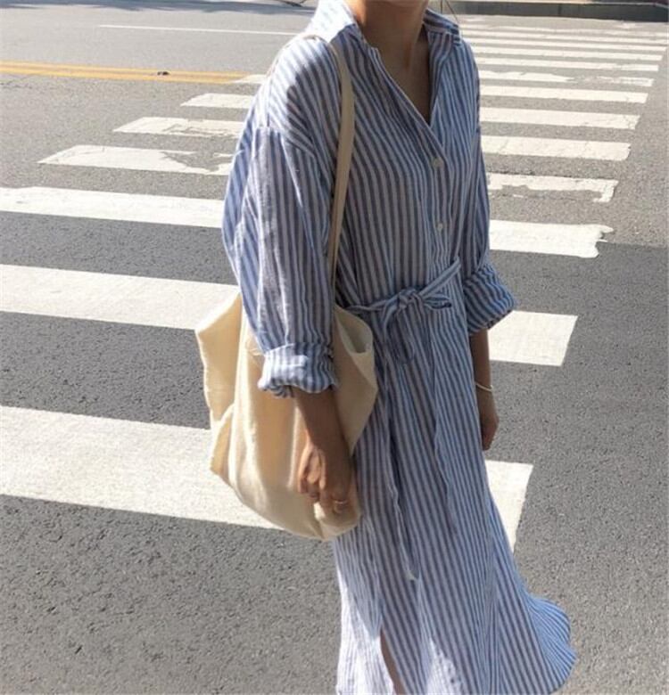 おしゃれな/ストライプ/日よけします/半袖/シャツワンピ/ワンビース
