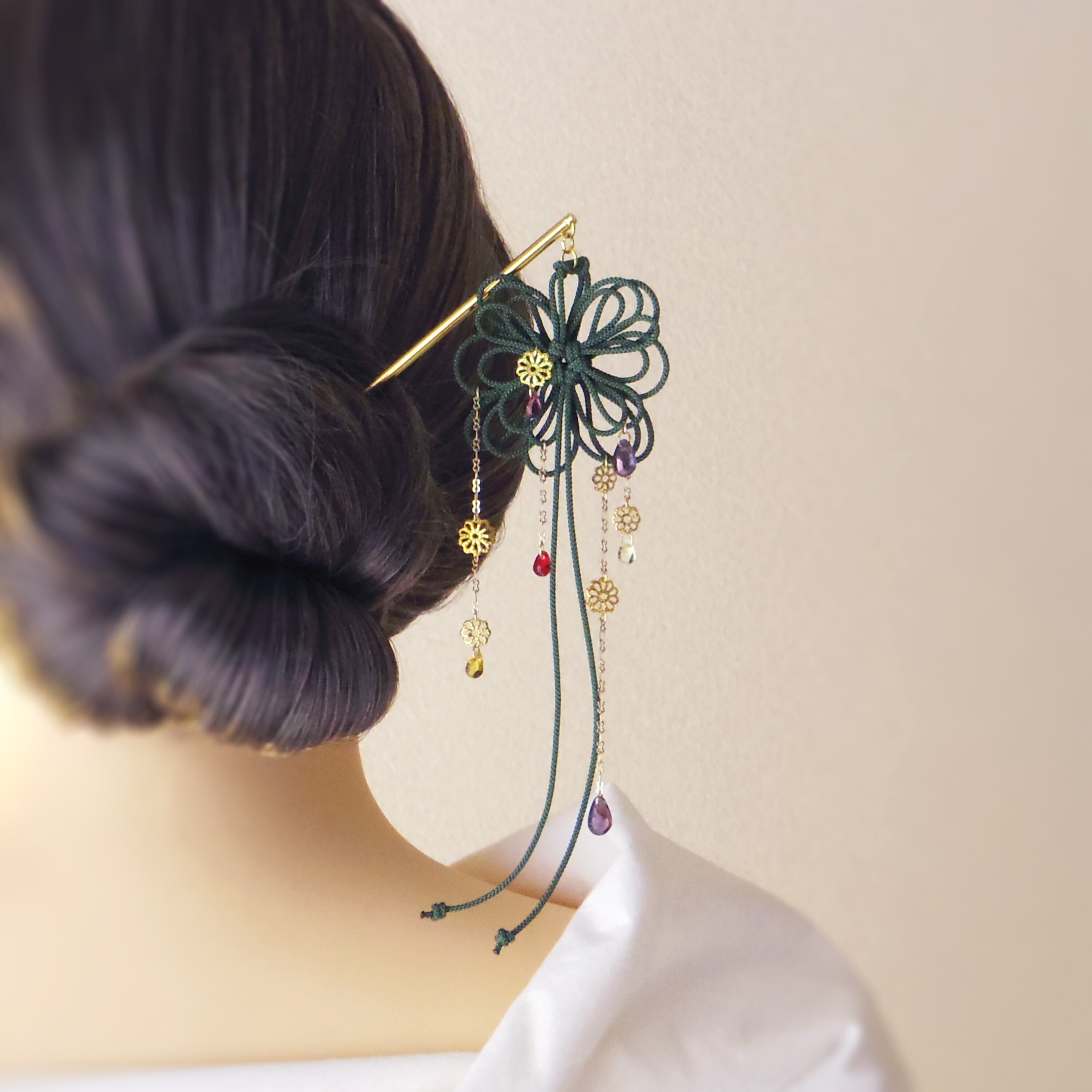 飾り結びかんざし「華とうた」【+チェコビーズ】浴衣・着物・フォーマルな和装ヘアに。