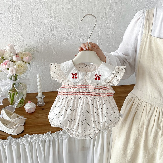 【BABY】さくらんぼ刺繍ドット柄丸襟フリル袖ロンパース - 5