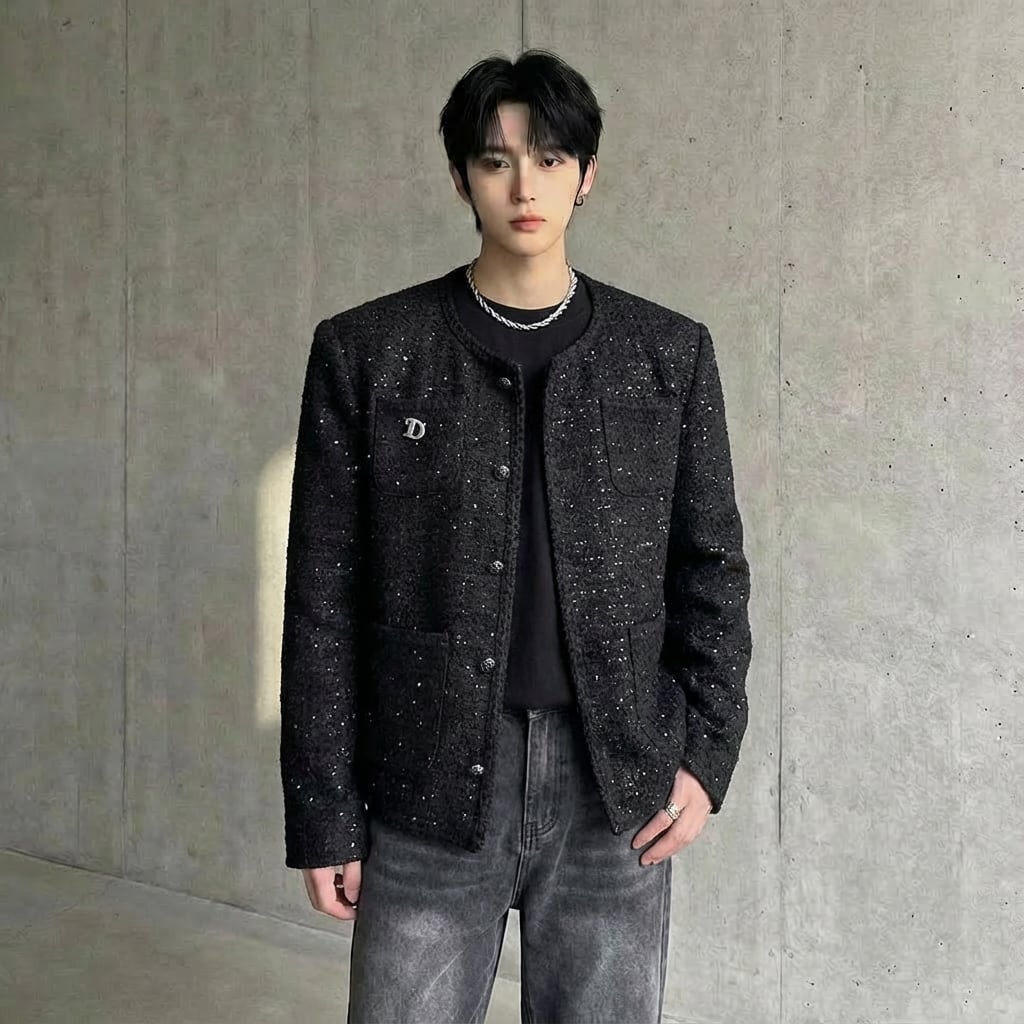 グリッター装飾 ツイード風ノーカラージャケット D11968