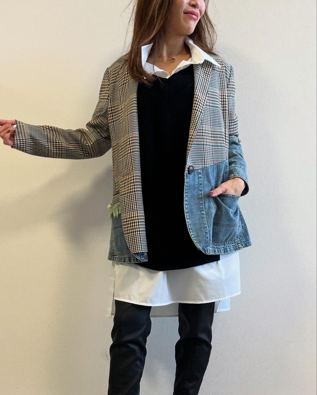 ミカーレミカーレ MICALLEMICALLE　micallemicalle デニム切り替えチェック柄ジャケット